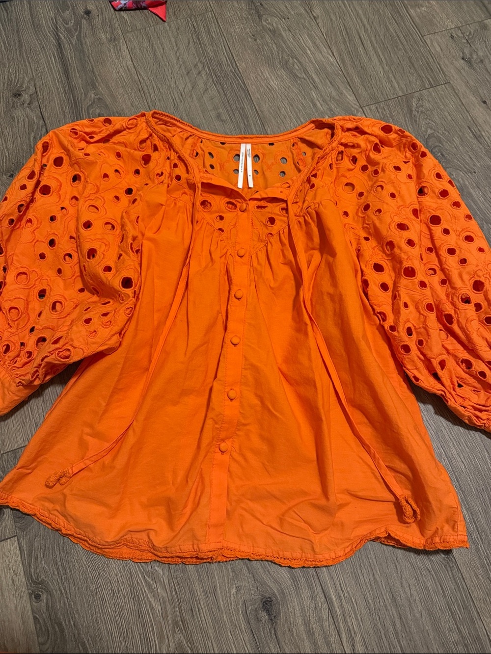 Anthropologie Bright Orange Eyelet Puff-Sleeve Peasant Blouse